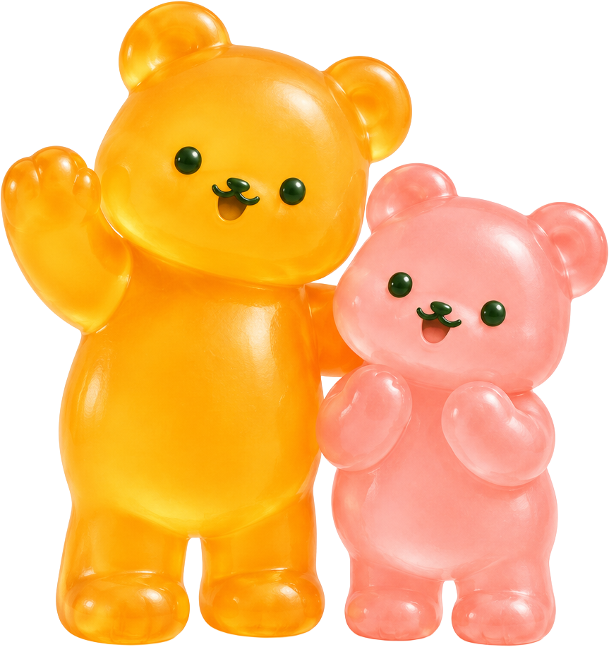 Friendly orange and pink gummy bear mascots
