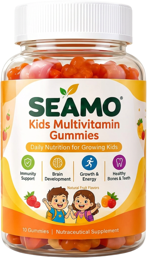 SEAMO Kids Multivitamin Gummies packaging with white lid and orange label